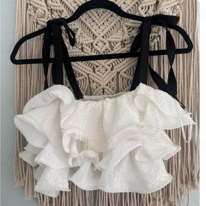 Zara White Ruffle Crop Top with Black Tie Straps